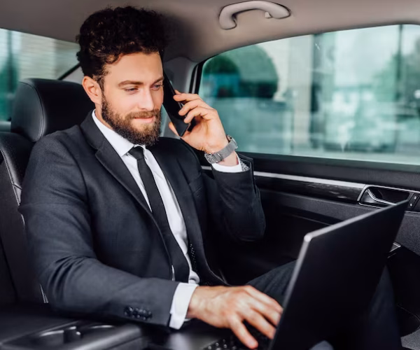 homme-affaires-beau-barbu-souriant-travaillant-son-ordinateur-portable-parlant-telephone-portable-banquette-arriere-voiture_496169-578